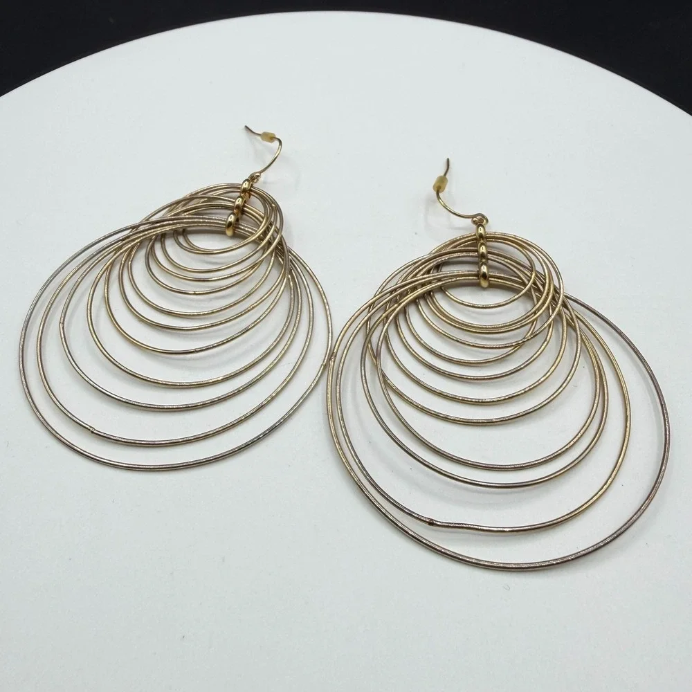 Gold Tone Concentric Multi Hoop Chandelier Earrings Oversized Dangle Statement